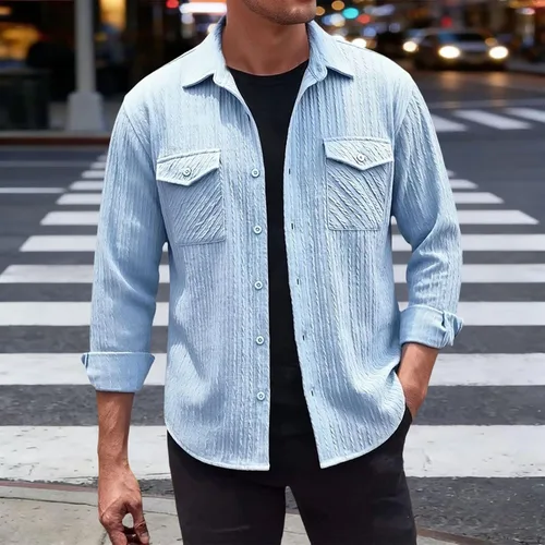 Vista 5 de Camisas con botones para hombre, casual, de manga larga, con cuello jacquard, texturizada, ligera, sobrecamisa, sobrecamisa