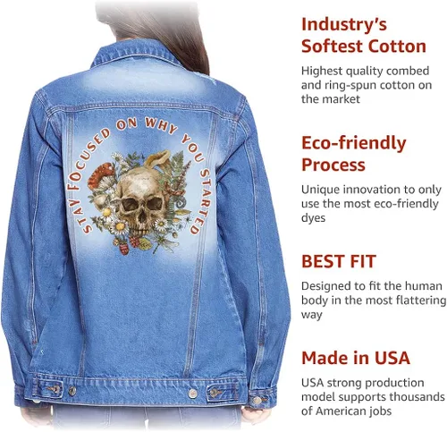 Vista 5 de Flower Skull Women's Casual Denim Jacket - Printed Ladies Denim Jacket - Cool Denim Jacket