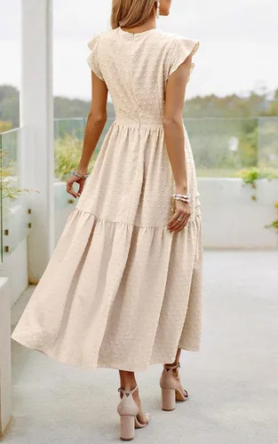 Vista 5 de Angashion Vestido largo de verano para mujer, casual, cuello redondo, manga casquillo, lunares suizos, plisado, liso, largo, vestido skater
