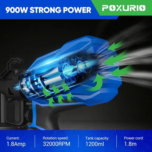 Vista 2 de Pulverizador de pintura, pulverizador de pintura eléctrico de 900W con 5 boquillas y 3 patrones, pistola de pintura HVLP de 1200ML para pintura