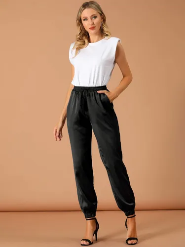 Vista 3 de Allegra K Pantalones deportivos de satén con cordón elástico para mujer, longitud al tobillo, con bolsillo