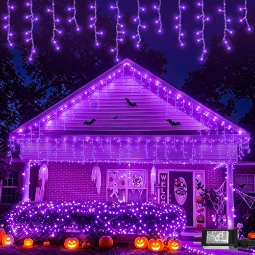 Vista 17 de Luces de carámbano azules y blancas para exteriores, tira de 400 luces LED de 33 pies para interiores, 8 modos conectables, luz de Navidad de Azul