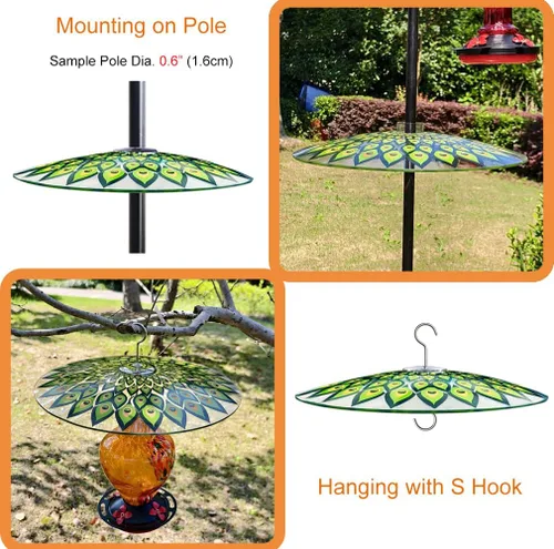Vista 8 de 13" Large Glass Rain Cover for Bird Feeder, Peacock Weather Guard Dome