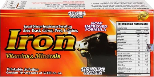 Vista 3 de Hierro Suplemento Dietético Líquido – Hierro con levadura de cerveza, zanahoria, remolacha y L-lisina – Vitaminas y Minerales – 10 ampollas x 0.3 fl