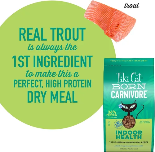 Vista 7 de Comida seca para gatos de interior Tiki Cat Born Carnivore Health, Harina de pescado de trucha y menhaden, Bolsa de 3 libras