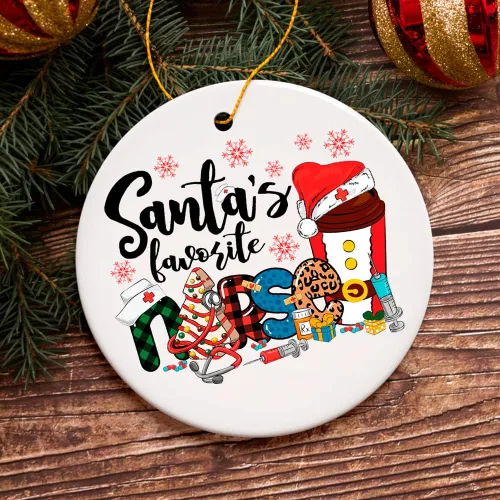 Vista 3 de Adorno navideño alegre de Navidad a cuadros de Papá Noel favorito de enfermera