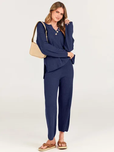 Vista 3 de ANRABESS Conjunto de 2 piezas para mujer, conjunto de suéter holgado holgado de punto de gran tamaño, conjunto de ropa de descanso a juego de moda