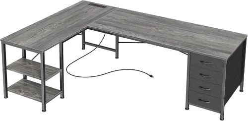 Vista 12 de Huuger Escritorio en forma de L de 55 pulgadas con cajones de tela, escritorio reversible para juegos para computadora con tomas de corriente