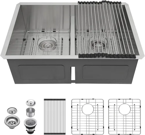 Vista 14 de Lordear Fregadero de cocina de 28 pulgadas de acero inoxidable de calibre 16 con doble plato y estación de trabajo de montaje inferior de 60/40