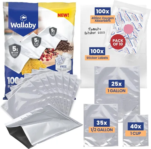 Vista 10 de Wallaby 30 bolsas de Mylar de 1 galón con absorbentes de oxígeno de 400 cc, bolsas de almacenamiento de alimentos a largo plazo de 10 mil de grosor