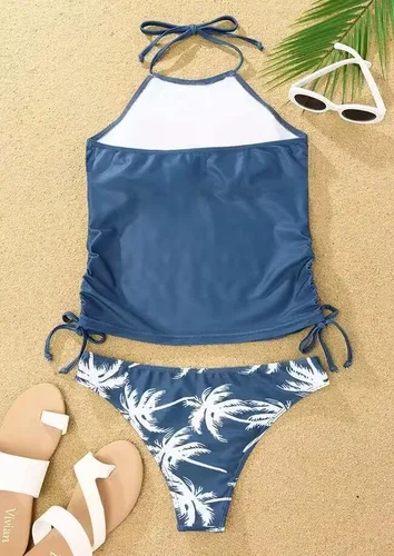 Vista 4 de Conjunto de tankini de dos piezas para mujer, conjunto de tankini con cuello halter de árbol de coco