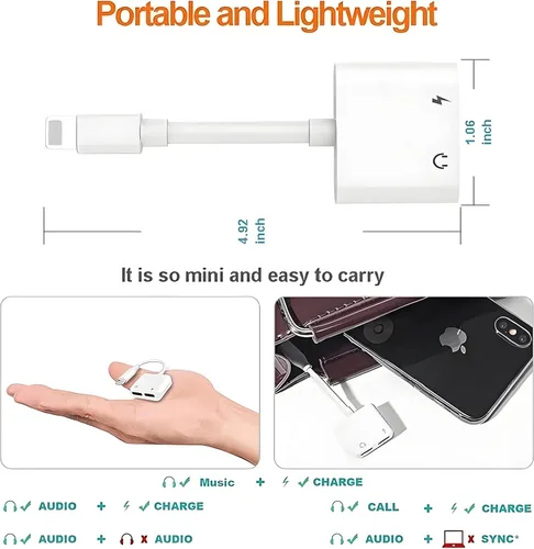 Vista 6 de [Certificado MFi de Apple] Paquete de 3 adaptadores de auriculares para iPhone, 2 en 1 Lightning a Dual Lightning Aux Dongle Cable Dongle