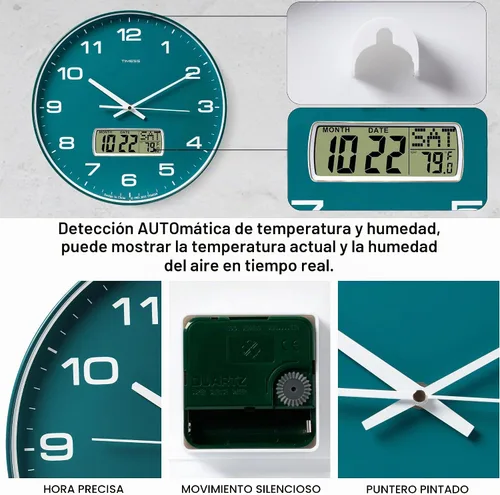 Vista 4 de Reloj de pared TIMESS, de 14" con gran esfera silenciosa y sin tictac, funciona con pilas, analógico con pantalla LCD para calendario perpetuo