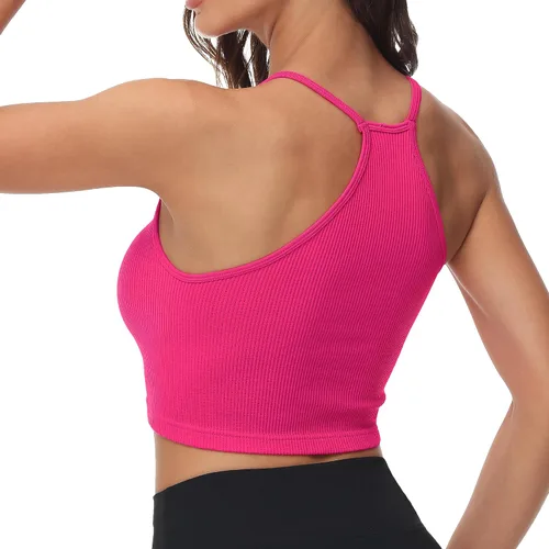Vista 3 de Attifall Camiseta corta acanalada sin mangas para mujer, sin costuras, espalda cruzada, tirantes delgados, para entrenamiento, deportes, conjuntos