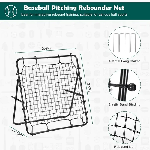 Vista 2 de LIANTRAL Red de rebote de béisbol, entrenador de rebote ajustable para fútbol, voleibol, sóftbol y lacrosse, rebote plegable portátil para práctica