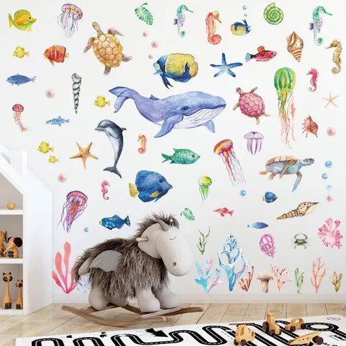 Vista 2 de 8 hojas de calcomanías de pared de animales bajo el mar, calcomanías de pared con temática de vida marina, calcomanías de pared de delfín Bonito