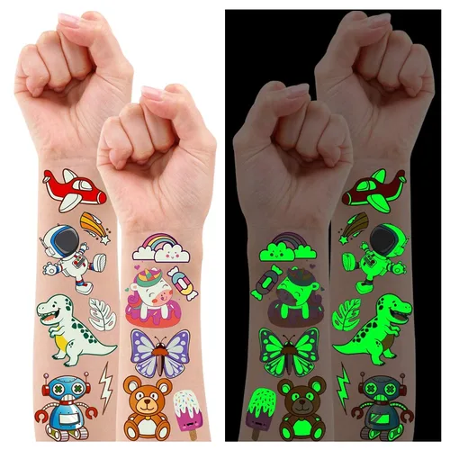Vista 10 de Partywind 380 estilos (30 hojas) tatuajes luminosos para niños, estilos mixtos, calcomanías temporales con sirena/dinosaurio/espacio exterior/pirata