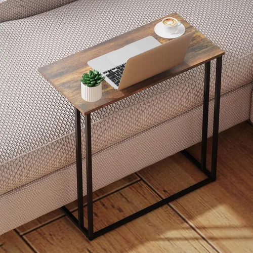 Vista 5 de Mesa auxiliar en forma de C con parte superior de madera marrón rústica, mesa auxiliar para sala de estar Slides Under Couch with Adjustable Feet
