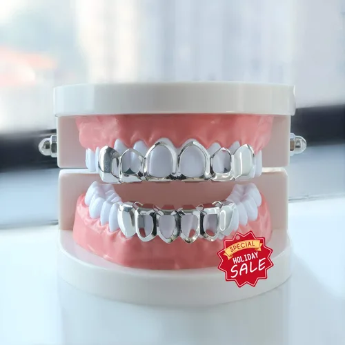 Vista 4 de TSANLY Open Face Grillz Teeth 24k Gold Grillz Plated Caps New Custom Fit Top & Bottom Grill Set for Kids + Extra Molding Bars + Microfiber Cloth