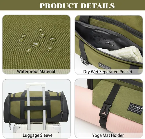 Vista 4 de Bolsas de gimnasio para hombres y mujeres con compartimento para zapatos y bolsa deportiva de bolsillo húmedo, A-TG-002-Verde