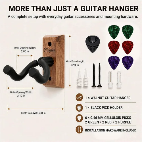 Vista 3 de Soporte de pared para guitarra con soporte para púas y 6 púas de celuloide, colgador de guitarra de madera de nogal en forma de U, soporte de gancho