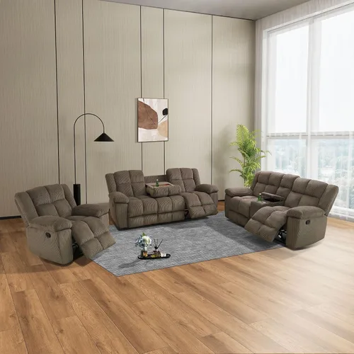 Vista 16 de Juego de sofá reclinable manual de pana extragrande para sala de estar, juego de sofá de pana con mesa desplegable y portavasos para Beige