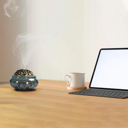 Vista 6 de Quemador de incienso de cerámica con soporte de incienso de calabash, 3 en 1, palo o bobina de cono, quemador de incienso con tapa de latón