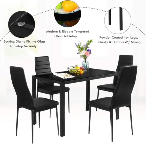 Vista 7 de S AFSTAR Juego de mesa de comedor de 5 piezas, juego de mesa de cocina con mesa de vidrio templado negro y 4 sillas acolchadas de piel sintética