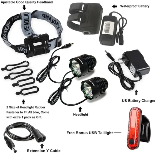Vista 9 de Night Eyes - Luz frontal para bicicleta de 2400 lúmenes (1200 LMx2) para bicicleta de montaña, recargable, 8,4 V, ABS, batería impermeable - Faro