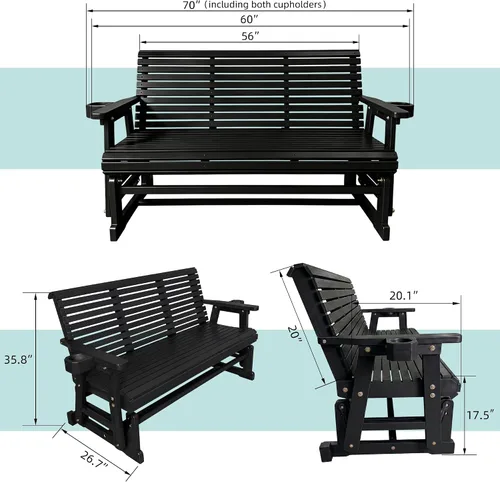 Vista 3 de Fortune Candy Planeador de patio con portavasos, respaldo alto y asiento contorneado profundo, resistente 800 libras (negro, 3 plazas)
