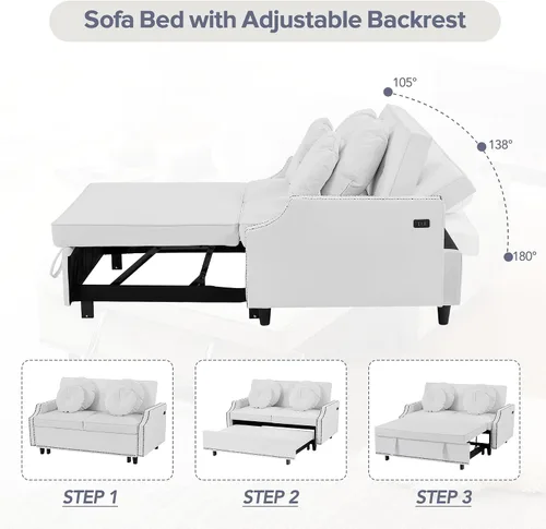 Vista 6 de Elegante sofá cama convertible de 54.7 pulgadas, sofá modular con cama extraíble con dos puertos USB y 4 almohadas, sofá biplaza para espacio