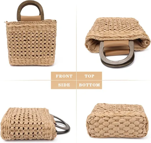 Vista 3 de Ynport Bolso de paja para mujer, de verano, playa, con cordón, de ratán, hecho a mano, tejido hobo
