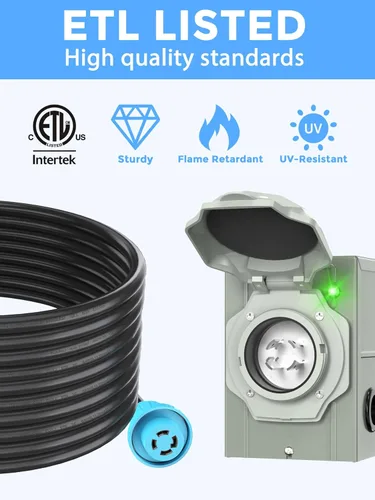 Vista 3 de CircleCord Cable de extensión para generador de 4 clavijas de 6.6 pies 30 amperios y caja de entrada con conector de bloqueo, servicio pesado NEMA