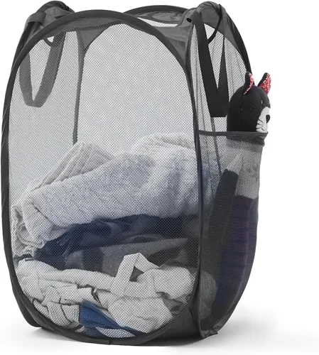 Vista 10 de Cesta de malla desplegable para ropa sucia con asas duraderas - Cesta plegable portátil para dormitorio, baño y viajes (negro)