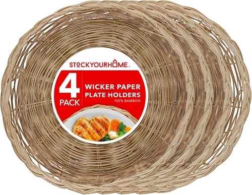 Vista 7 de Stock Your Home Soporte para platos de papel de bambú de 10 pulgadas (4 unidades) – Soportes de platos de papel reutilizables de mimbre resistente