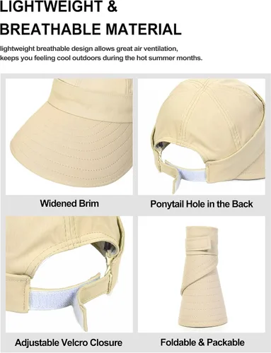 Vista 4 de Sombreros de sol para mujer, visera ancha con protección UV, doble propósito, para playa, verano, gorra plegable Beige