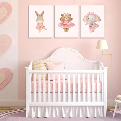 Vista 4 de 3 piezas de lienzo de animales de bailarina rosa, arte de pared, lindo elefante, conejo, oso, decoración de pared, imágenes de guardería, habitación