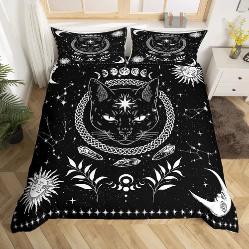 Vista 2 de Juego de ropa de cama de animales de gato misterioso, bohemio, exótico, tribal, abstracto, arte abstracto, juego de funda de edredón para decoración