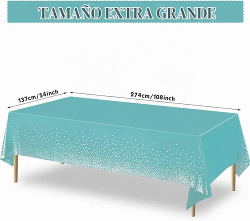 Vista 2 de Breling Mantel de plástico verde azulado rectangular con lunares plateados