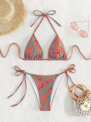 Vista 5 de Falainetee Traje de baño de cintura alta para mujer, estampado floral, triángulo, halter, conjunto de bikini de 2 piezas