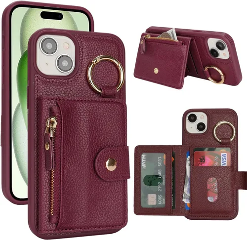 Vista 24 de Funda para iPhone 14 Plus con tarjetero, color negro Funda con cremallera y ranura para mujer y hombre