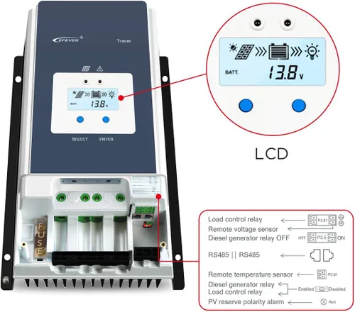 Vista 4 de EPEVER Controlador de carga solar MPPT 50A 12V/24V/36V/48V DC Identificación automática del voltaje del sistema Max.PV 150V Regulador del panel