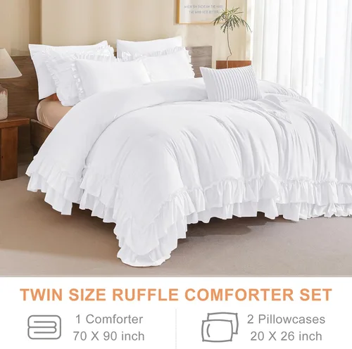 Vista 6 de QSH Edredón blanco brillante con volantes, tamaño individual, 3 piezas, ropa de cama con volantes, estilo bohemio, elegante, desgastado y elegante