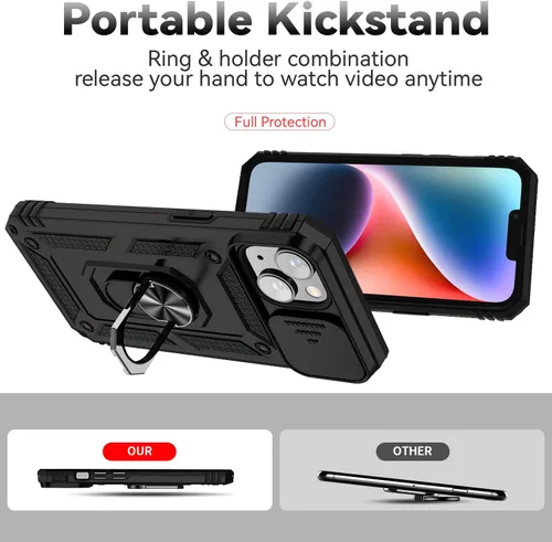 Vista 9 de Funda magnética compatible con iPhone 14 Plus, iPhone 14 Plus con cubierta de cámara y soporte de grado militar, a prueba de golpes, color negro