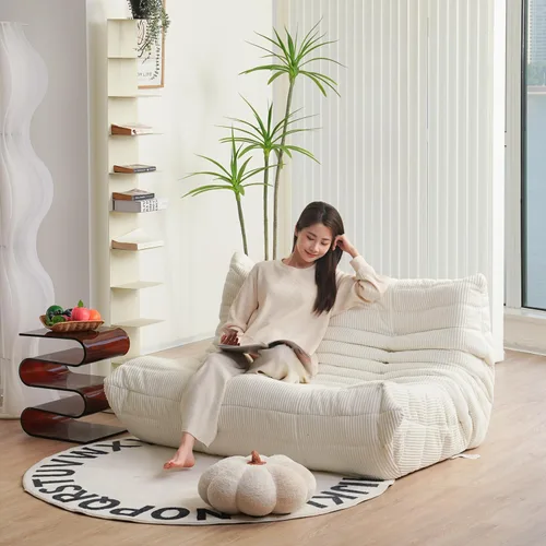 Vista 3 de N&V Fireside Sofá de Dos Plazas, Sofá de Piso Tamaño Twin de Mediados de Siglo sin Brazos, Silla Lounge de Piso de Pana Premium Suave, Silla