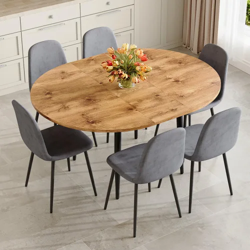 Vista 12 de FURNITO Juego de mesa de comedor de madera para 4, mesa extensible redonda a ovalada de 42 a 54 pulgadas con 4 sillas de tela, juego de comedor 4