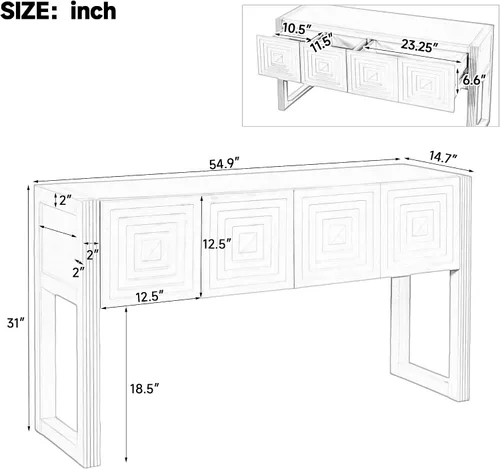 Vista 2 de LUMISOL Mesa consola geométrica tallada con 3 cajones, mesa de sofá de granja detrás del sofá con almacenamiento y detalles de patas acanaladas