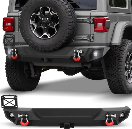 Vista 8 de Parachoques Trasero Gladiator, Parachoques Negro Texturizado con Luces LED y Agujeros para Sensores y Anillos en D, Compatible con Gladiator JT 2020