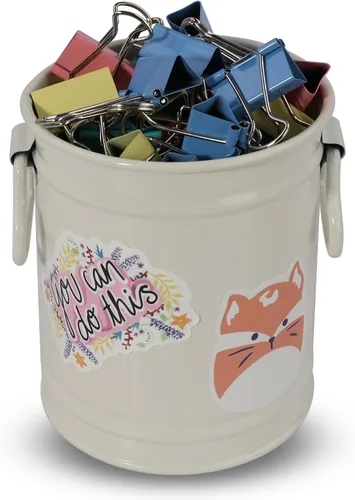 Vista 7 de Soporte para bolígrafo para escritorio con 60 piezas de animales lindos y 50 calcomanías inspiradoras, soporte para lápices de hojalata, organizador