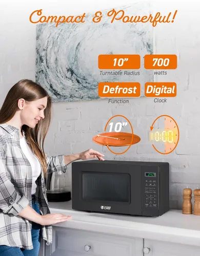 Vista 4 de Microondas Commercial CHEF de 0.7 pies cúbicos con 10 niveles de potencia, microondas de 700 W con pantalla digital, con cerradura de seguridad